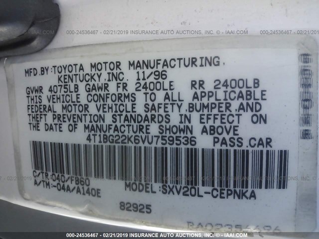 4T1BG22K6VU759536 - 1997 TOYOTA CAMRY CE/LE/XLE WHITE photo 9