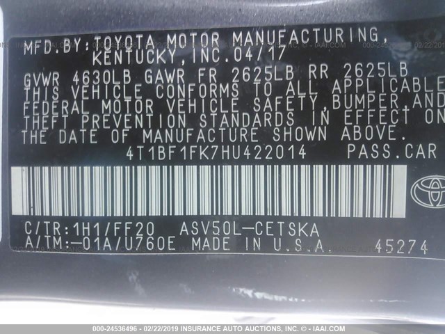 4T1BF1FK7HU422014 - 2017 TOYOTA CAMRY LE/XLE/SE/XSE GRAY photo 9