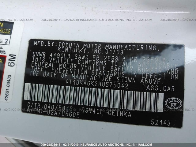 4T1BK46K28U575042 - 2008 TOYOTA CAMRY LE/XLE/SE WHITE photo 9