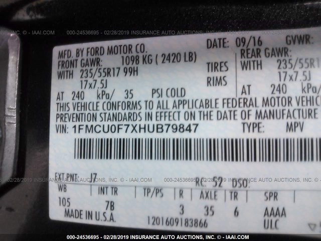 1FMCU0F7XHUB79847 - 2017 FORD ESCAPE S GRAY photo 9