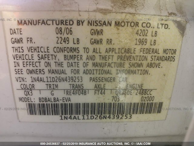 1N4AL11D26N439253 - 2006 NISSAN ALTIMA S/SL WHITE photo 9