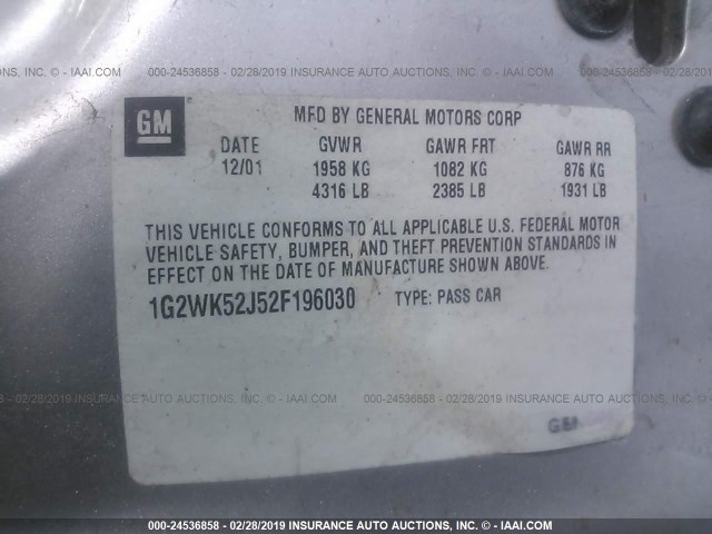1G2WK52J52F196030 - 2002 PONTIAC GRAND PRIX SE 银色 照片 9