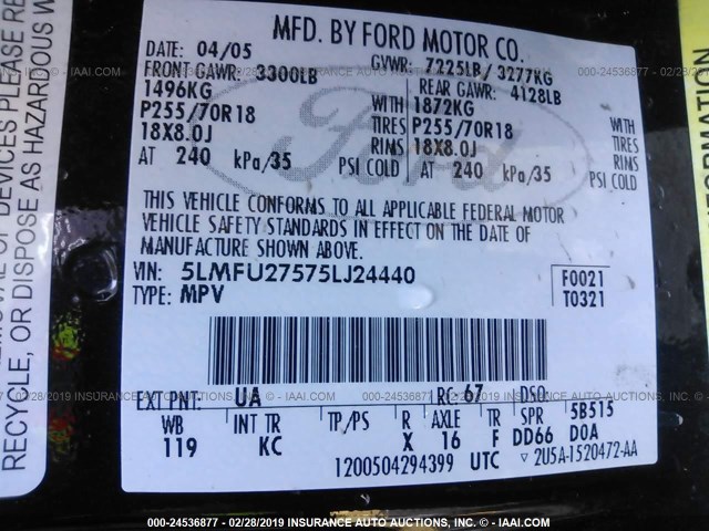 5LMFU27575LJ24440 - 2005 LINCOLN NAVIGATOR Noir photo 9