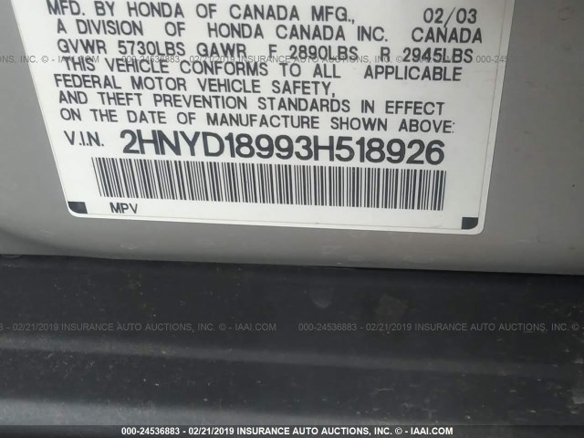 2HNYD18993H518926 - 2003 ACURA MDX TOURING SILVER photo 9