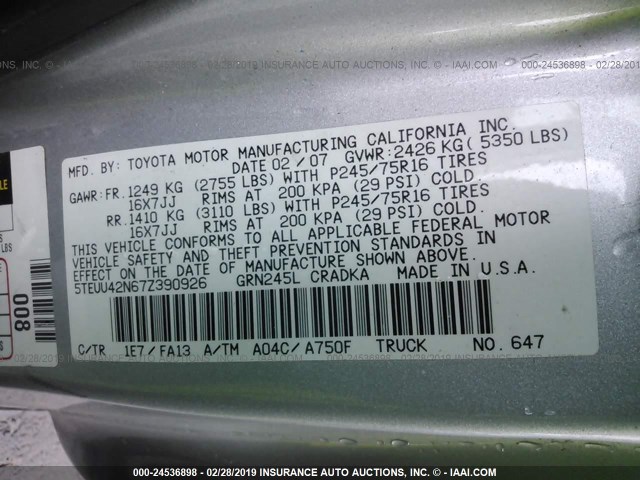 5TEUU42N67Z390926 - 2007 TOYOTA TACOMA ACCESS CAB ვერცხლისფერი ფოტო 9