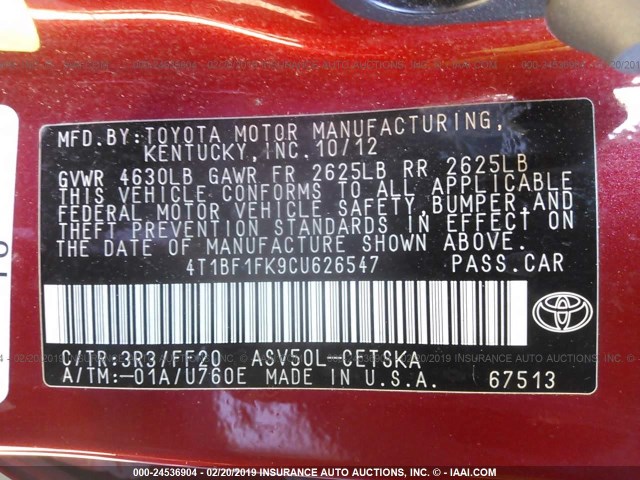 4T1BF1FK9CU626547 - 2012 TOYOTA CAMRY SE/LE/XLE RED photo 9