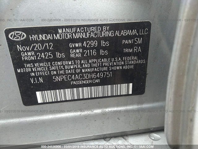 5NPEC4AC3DH649751 - 2013 HYUNDAI SONATA SE/LIMITED SILVER photo 9