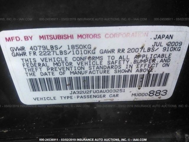 JA32U2FU0AU003251 - 2010 MITSUBISHI LANCER ES/ES SPORT BLACK photo 9