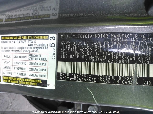 2T1BR32E16C699694 - 2006 TOYOTA COROLLA CE/LE/S GRAY photo 9