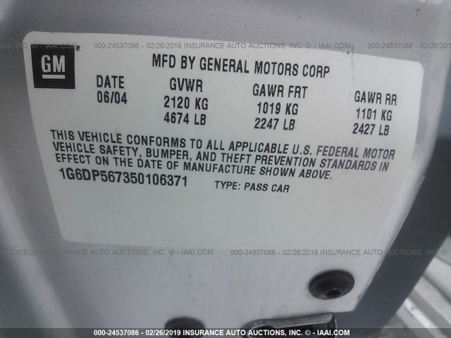 1G6DP567350106371 - 2005 CADILLAC CTS HI FEATURE V6 SILVER photo 9