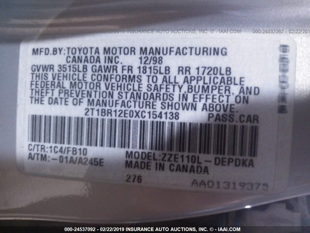 2T1BR12E0XC154138 - 1999 TOYOTA COROLLA VE/CE/LE 银色 照片 9