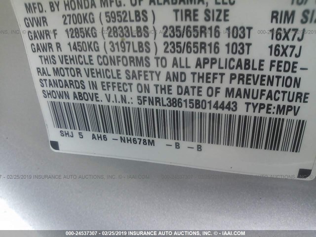 5FNRL38615B014443 - 2005 HONDA ODYSSEY EXL SILVER photo 9