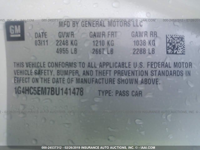 1G4HC5EM7BU141478 - 2011 BUICK LUCERNE CXL WHITE photo 9