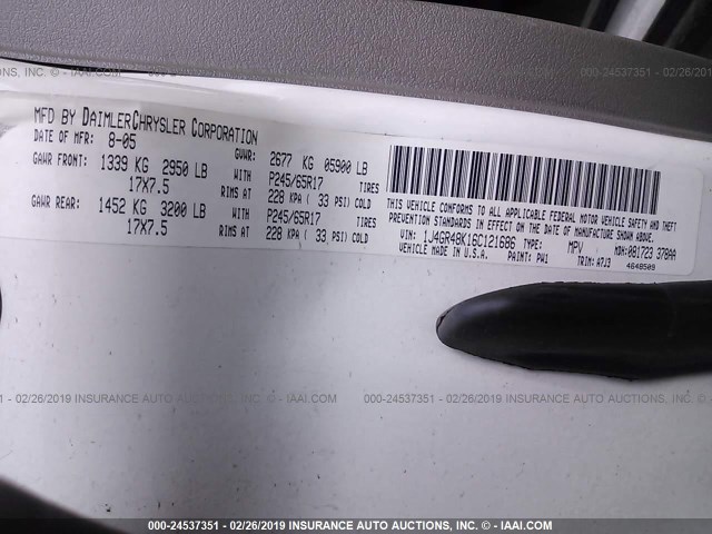 1J4GR48K16C121686 - 2006 JEEP GRAND CHEROKEE LAREDO/COLUMBIA/FREEDOM 白色 照片 9