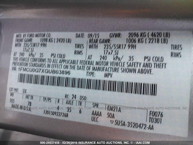 1FMCU0G7XGUB03896 - 2016 FORD ESCAPE SE SILVER photo 9