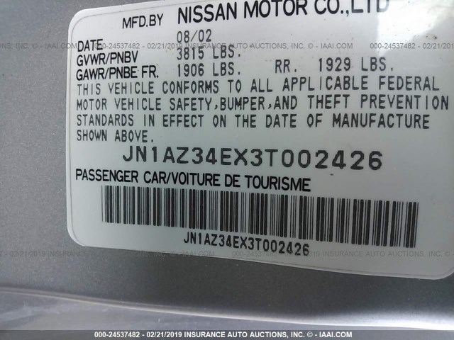 JN1AZ34EX3T002426 - 2003 NISSAN 350Z COUPE SILVER photo 9