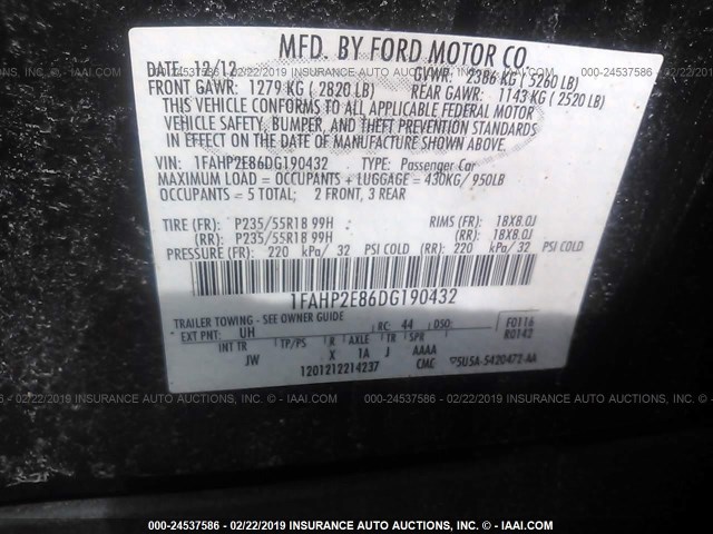 1FAHP2E86DG190432 - 2013 FORD TAURUS SEL BLACK photo 9