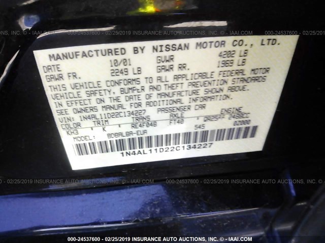 1N4AL11D22C134227 - 2002 NISSAN ALTIMA S/SL BLACK photo 9