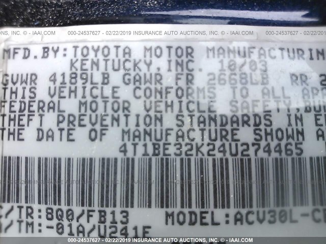 4T1BE32K24U274465 - 2004 TOYOTA CAMRY LE/XLE/SE BLUE photo 9