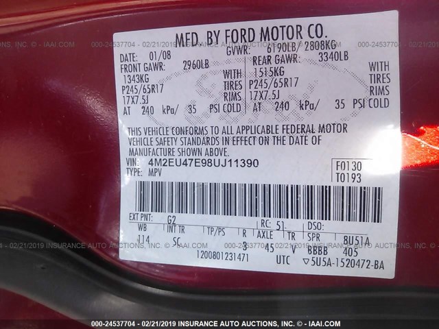 4M2EU47E98UJ11390 - 2008 MERCURY MOUNTAINEER LUXURY RED photo 9