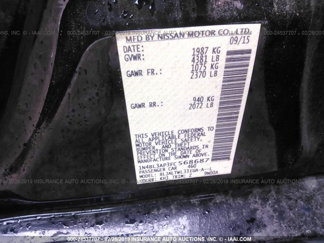 1N4BL3AP3FC568687 - 2015 NISSAN ALTIMA 3.5S/3.5SV/3.5SL BLACK photo 9