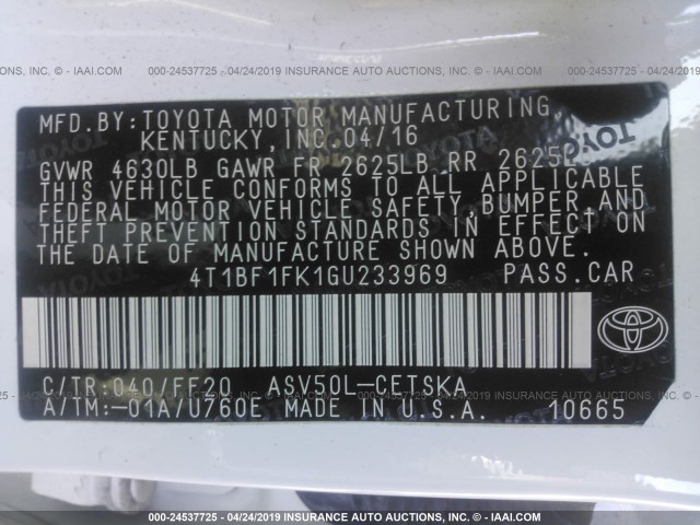 4T1BF1FK1GU233969 - 2016 TOYOTA CAMRY LE/XLE/SE/XSE WHITE photo 9