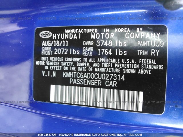 KMHTC6AD0CU027314 - 2012 HYUNDAI VELOSTER BLUE photo 9