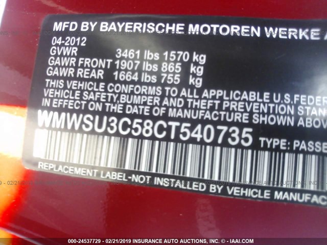 WMWSU3C58CT540735 - 2012 MINI COOPER RED photo 9