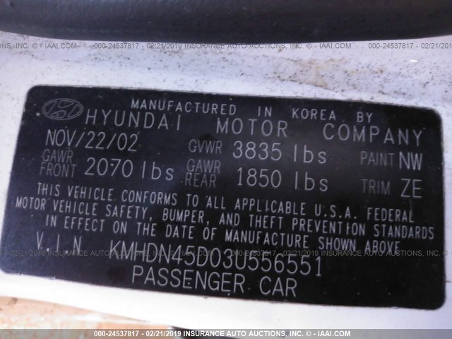 KMHDN45D03U556551 - 2003 HYUNDAI ELANTRA GLS/GT WHITE photo 9