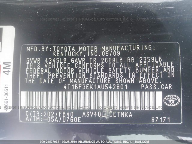 4T1BF3EK1AU542801 - 2010 TOYOTA CAMRY SE/LE/XLE BLACK photo 9