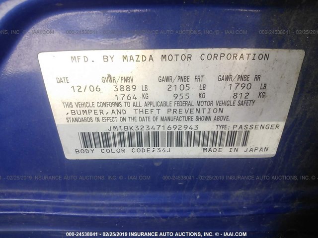 JM1BK323471692943 - 2007 MAZDA 3 S BLUE photo 9