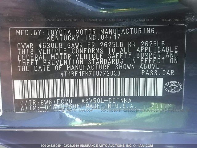 4T1BF1FK7HU772033 - 2017 TOYOTA CAMRY LE/XLE/SE/XSE BLUE photo 9