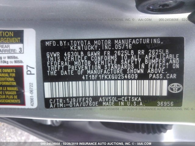 4T1BF1FKXGU254609 - 2016 TOYOTA CAMRY LE/XLE/SE/XSE SILVER photo 9