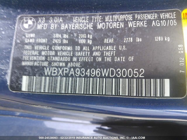 WBXPA93496WD30052 - 2006 BMW X3 3.0I BLUE photo 9