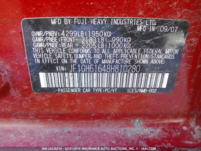 JF1GH61648H810280 - 2008 SUBARU IMPREZA 2.5I RED photo 9