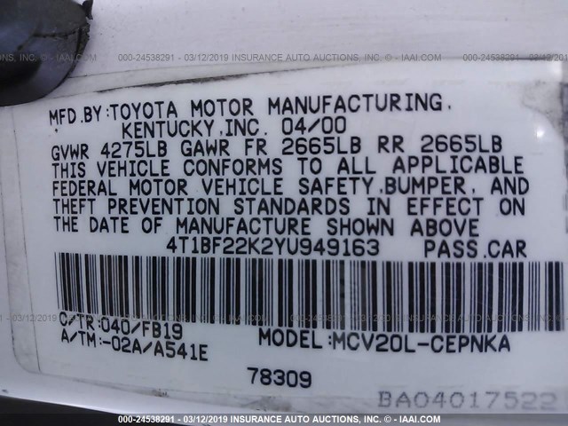 4T1BF22K2YU949163 - 2000 TOYOTA CAMRY LE/XLE 白色 照片 9