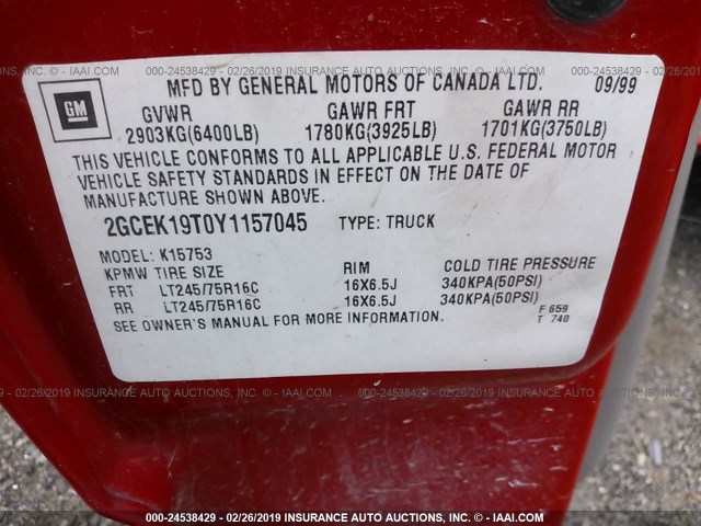 2GCEK19T0Y1157045 - 2000 CHEVROLET SILVERADO K1500 RED photo 9