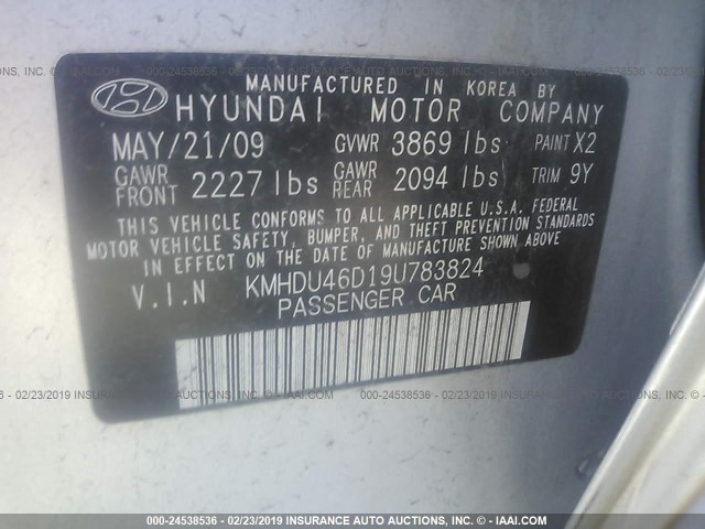 KMHDU46D19U783824 - 2009 HYUNDAI ELANTRA GLS/SE SILVER photo 9