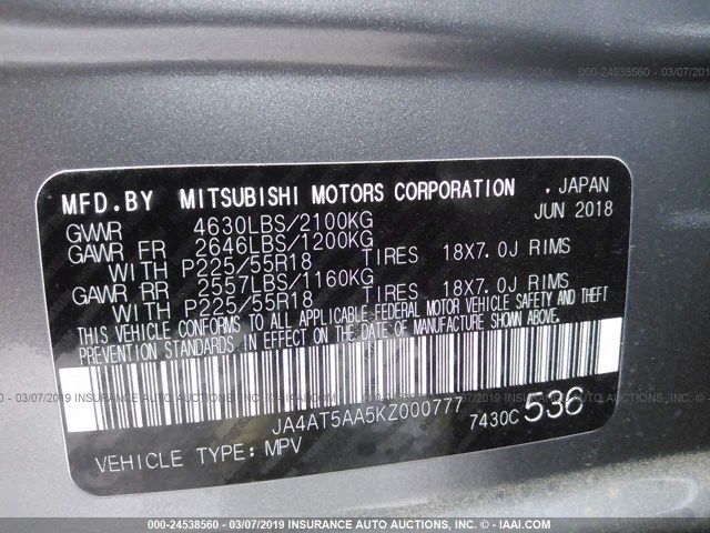 JA4AT5AA5KZ000777 - 2019 MITSUBISHI ECLIPSE CROSS SE/SEL GRAY photo 9