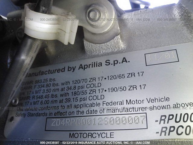 ZD4RPC0012S000007 - 2002 APRILIA RSV MILLE SILVER photo 10