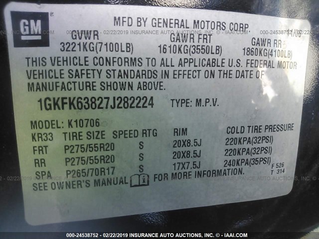 1GKFK63827J282224 - 2007 GMC YUKON DENALI BLACK photo 9