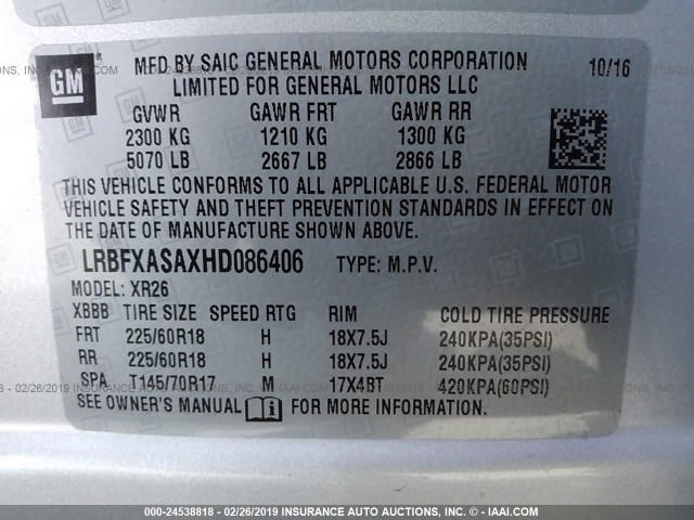 LRBFXASAXHD086406 - 2017 BUICK ENVISION PREFERRED SILVER photo 9