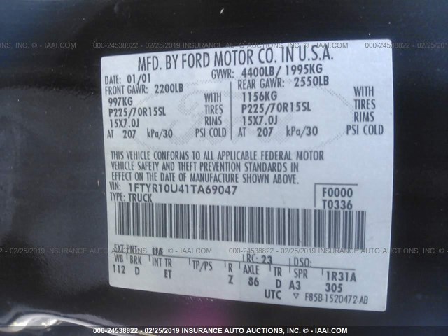 1FTYR10U41TA69047 - 2001 FORD RANGER BLACK photo 9