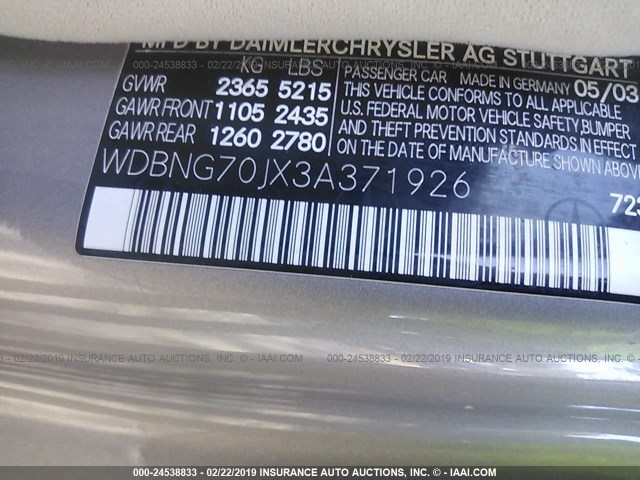 WDBNG70JX3A371926 - 2003 MERCEDES-BENZ S 430 SILVER photo 9