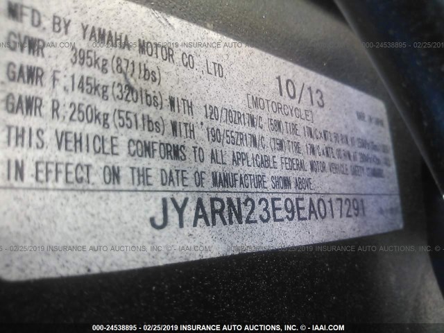 JYARN23E9EA017291 - 2014 YAMAHA YZFR1 BLUE photo 10