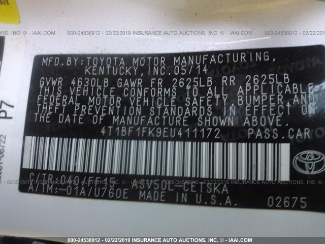 4T1BF1FK9EU411172 - 2014 TOYOTA CAMRY L/SE/LE/XLE 白色 照片 9