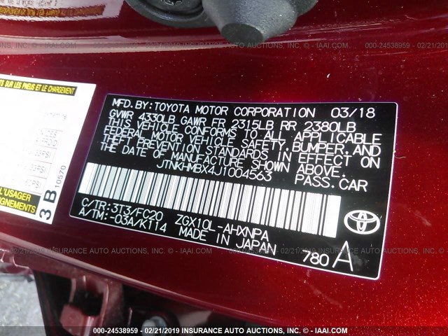 JTNKHMBX4J1004563 - 2018 TOYOTA C-HR XLE/XLE PREMIUM წითელი ფოტო 9