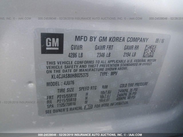 KL4CJASB0HB025375 - 2017 BUICK ENCORE PREFERRED SILVER photo 9