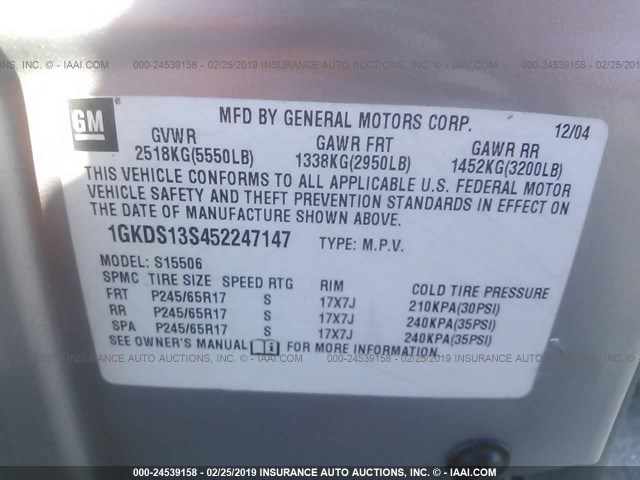 1GKDS13S452247147 - 2005 GMC ENVOY SILVER photo 9