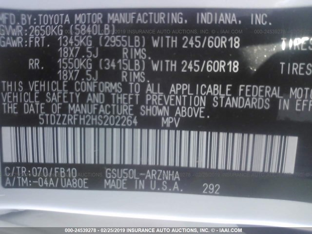 5TDZZRFH2HS202264 - 2017 TOYOTA HIGHLANDER LE/LE PLUS WHITE photo 9